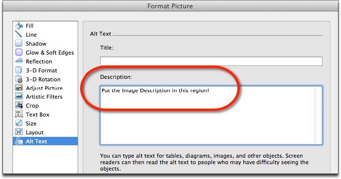 image_descriptions_in_MS_Word_for_mac_2011 Screenshot of Format Picture window displaying the Alt Text interface for Description region for Word 2011 for Mac.