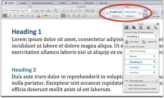 styles_in_MS_Word_for_mac_2011 Screenshot of Styles ribbon and Styles formatting palette in Microsoft Word 2011 for Mac.
