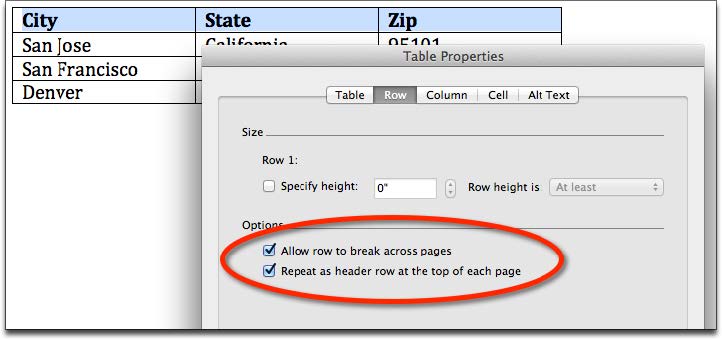 table_headings_ms_word_for_mac Screenshot of the table properties window with the row tab selected.