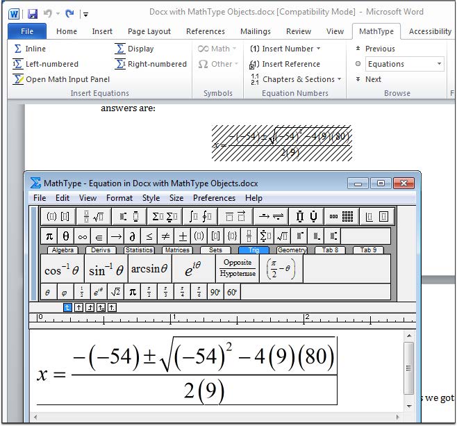 Screenshot of the MathType Equation Editor in MS Word 2010