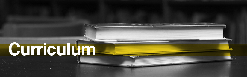 Curriculum banner 3 books laying on top of each other one yellow 2 white